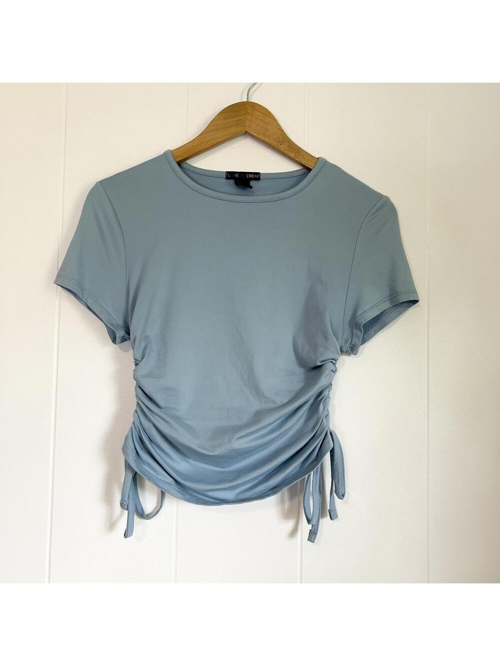 Love Streak Baby Blue Scrunch Short Sleeve Crop Top Women's Medium